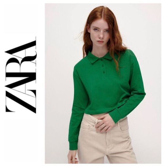 NWT ZARA Green Cropped Long Sleeve Collared Polo Shirt, Size Small - Picture 1 of 16